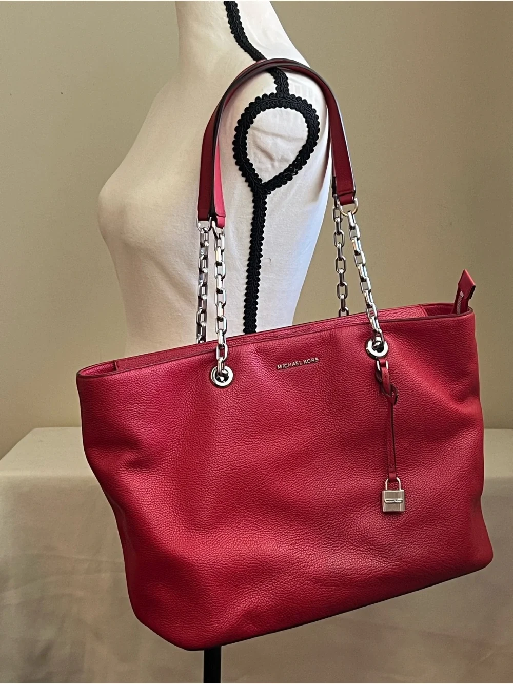Michael Kors Pebbled Red Leather Tote/Laptop Bag with Silver Hardware